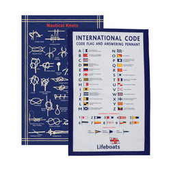 Two cotton kitchen tea towels with nautical designs, including illustrations of knots and international code flags.