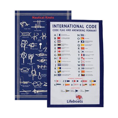 Two cotton kitchen tea towels with nautical designs, including illustrations of knots and international code flags.