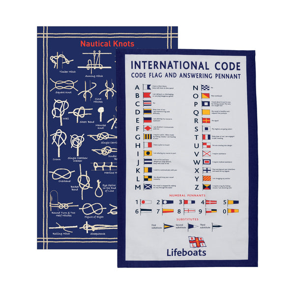 Two cotton kitchen tea towels with nautical designs, including illustrations of knots and international code flags.