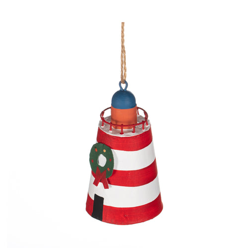 RNLI Christmas Lighthouse Decoration. A hanging lighthouse in red and white with a wreath hung on the side above the door.