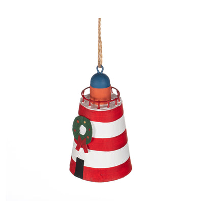 RNLI Christmas Lighthouse Decoration. A hanging lighthouse in red and white with a wreath hung on the side above the door.
