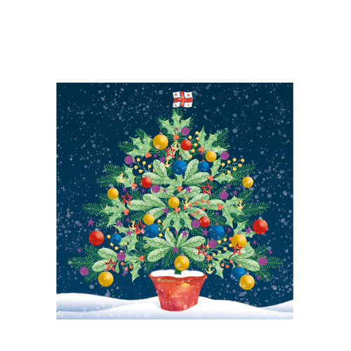 An illustrated, square Christmas card of a decorated Christmas tree amongst the snow. The RNLI flag is at the top.