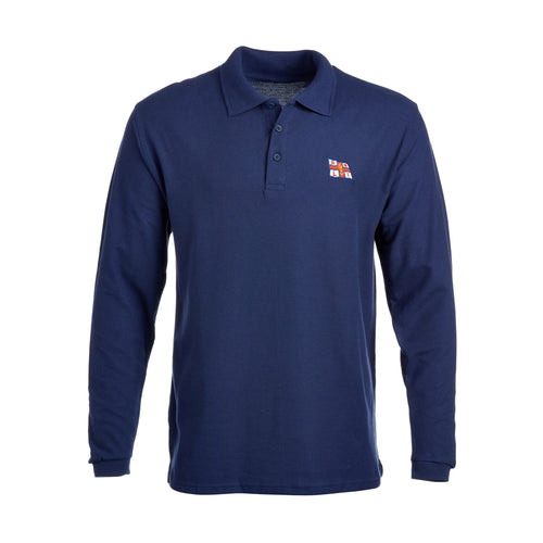 RNLI Flag polo shirt with a classic collar, two buttons and the RNLI flag logo on the left chest.  It features long sleeves with cuffs. 
