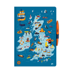 An illustrated notebook with a map on the front. 
