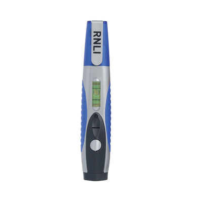  A blue and silver RNLI multitool with a pen, torch and spirit level.