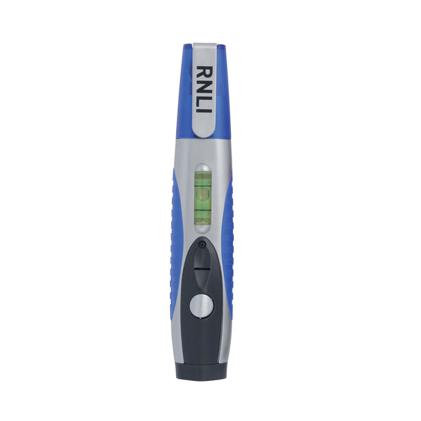  A blue and silver RNLI multitool with a pen, torch and spirit level.