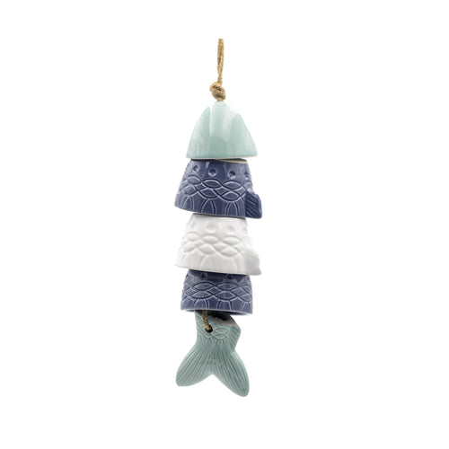 RNLI Outdoor Hanging Fish Chime. A blue, light green and white chime with a string hanging loop. 