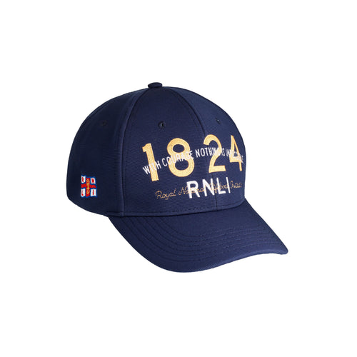 A navy cap with gold and white stitching on the front showing the words, 'With courage nothing is impossible. 1824. RNLI'. It also features the RNLI logo on the side.