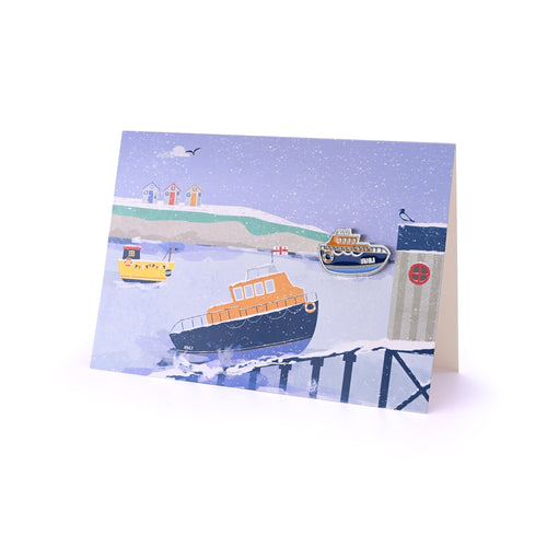 Snowy Lifeboat Pin Badge Christmas Card, Pack of 8
