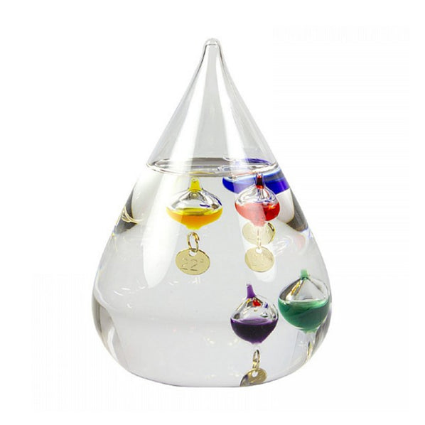 Teardrop-shaped glass thermometer with coloured glass temperature drops floating inside.
