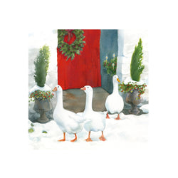 A square Christmas card with a painted design of three geese in front of a festive red door with a wreath, surrounded by snow. 