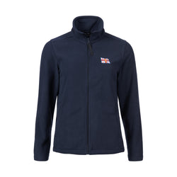 A navy fleece with a full zip. It has the RNLI flag logo on the left chest.