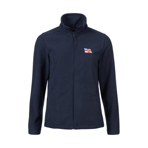 A navy fleece with a full zip. It has the RNLI flag logo on the left chest.