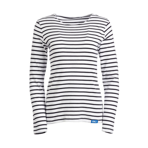 A white, long sleeve top with black horizontal stripes. It has the RNLI logo on a tab on the bottom hem.
