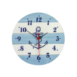 A circular clock in blue and white slatted wood with a navy anchor illustration in the centre.
