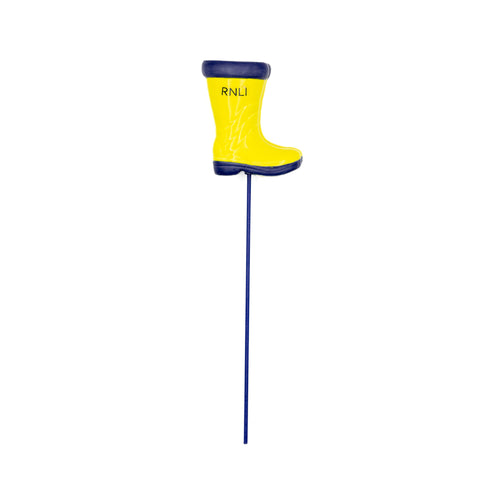 A long stick with a 3D pair of yellow wellies on top, in yellow and navy. The wellies feature the letters, 'RNLI' in black on each side. 