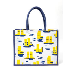 A shopper bag with handles, featuring an all-over print of RNLI yellow wellies.